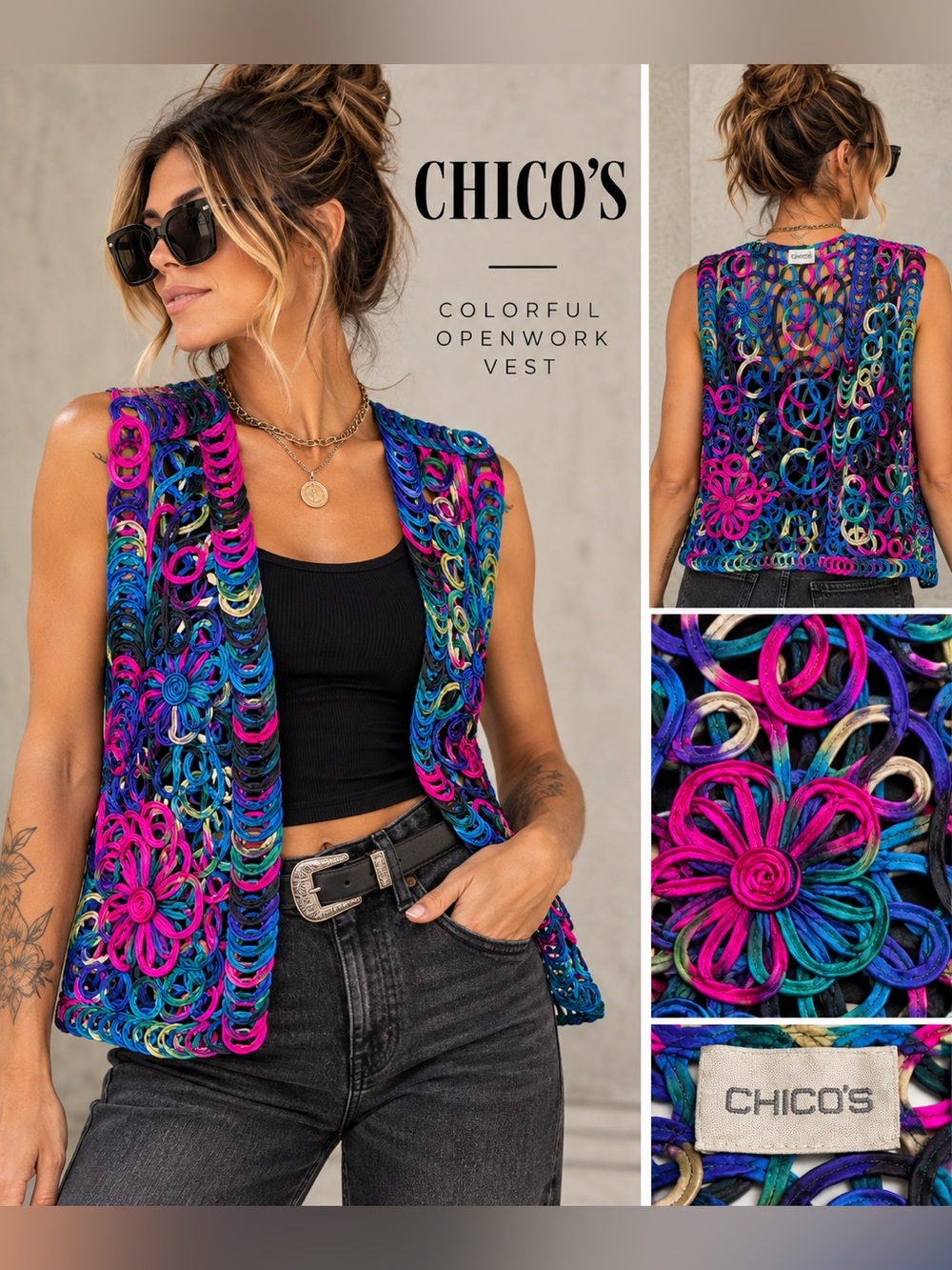 Chico’s Multicolor Soutache Loop Openwork Vest Artsy Boho Statement Y2K